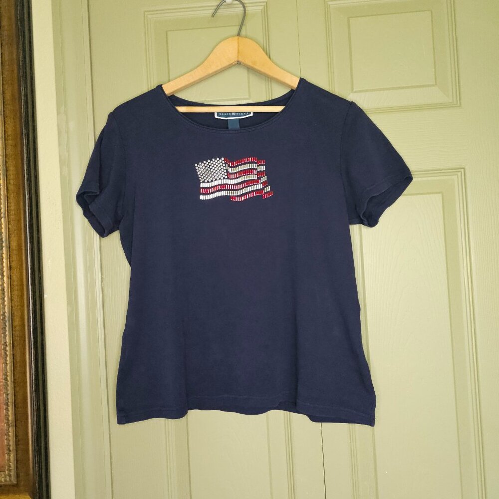 Karen Scott navy tshirt with flag - size M